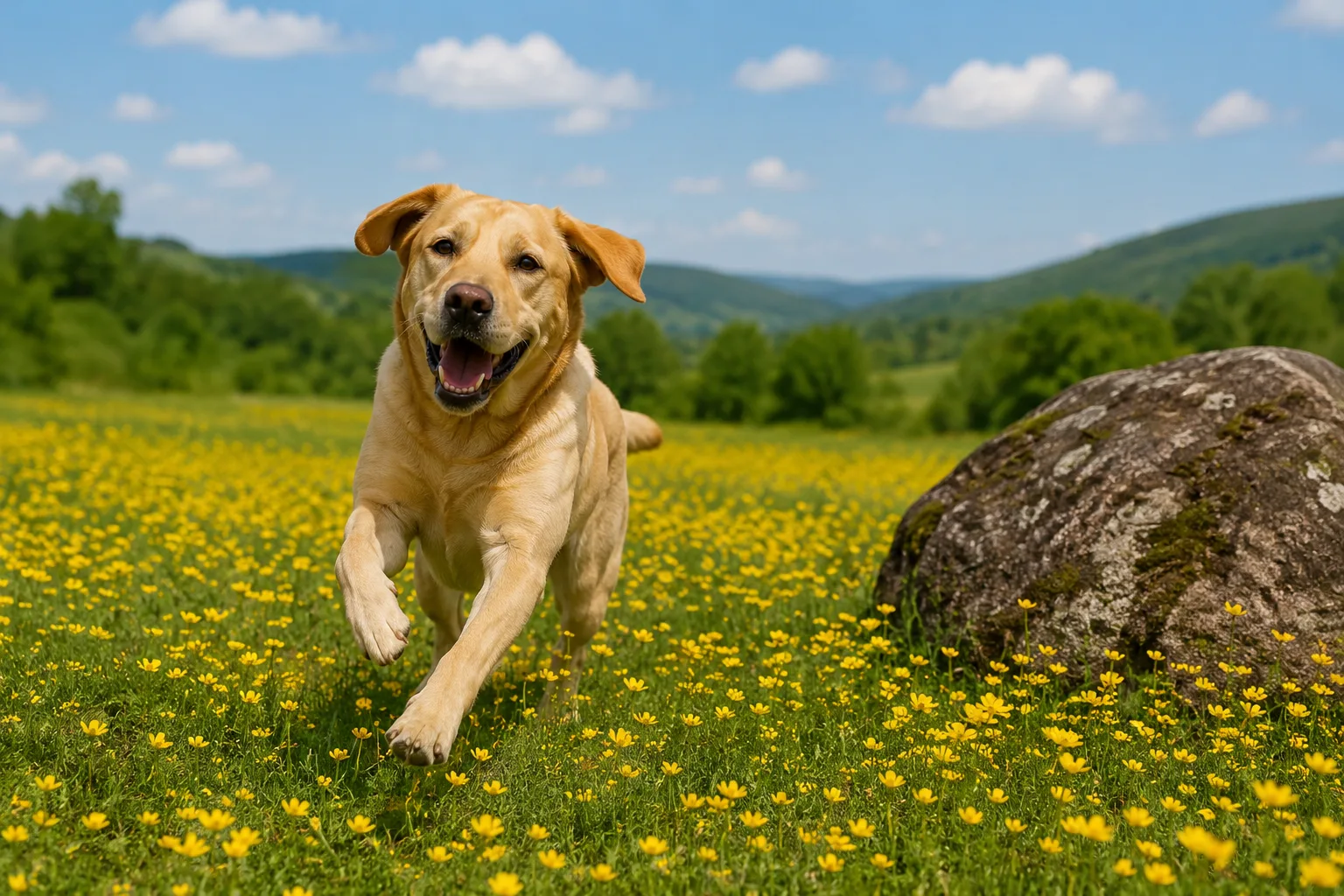 A yellow dog running through a field of small yellow flowers, with a large rock nearby and green hills in the background.