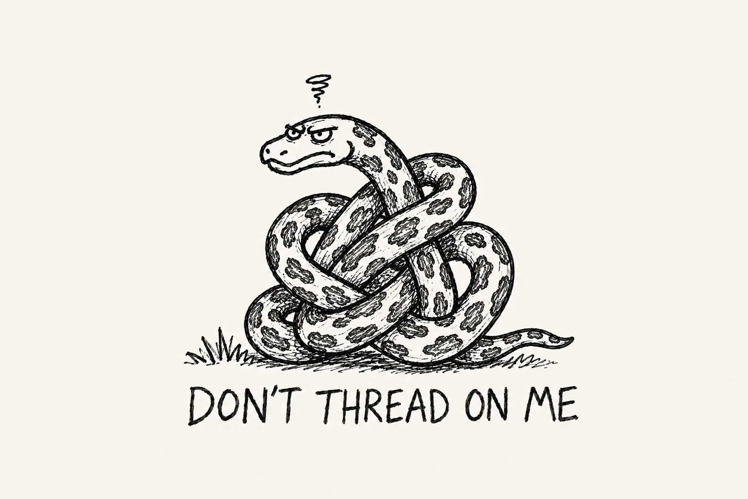 A hand-drawn snake tied in elaborate knots, looking visibly annoyed, with a confused mark above its head, on a small patch of grass. Caption: "DON'T THREAD ON ME."